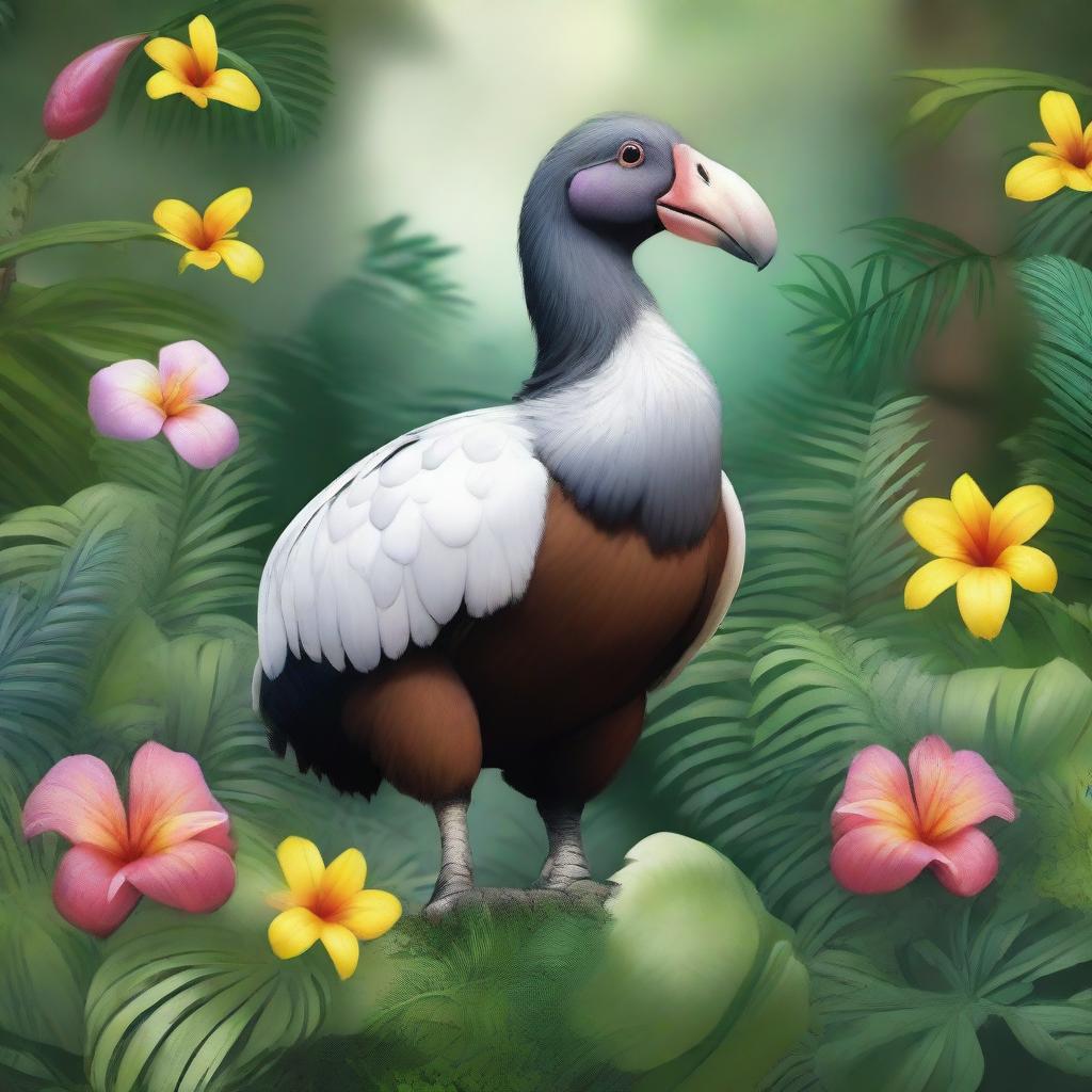 A detailed and realistic illustration of a dodo bird standing in a lush, tropical forest