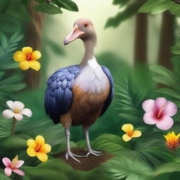 A detailed and realistic illustration of a dodo bird standing in a lush, tropical forest