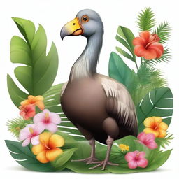 A detailed and realistic illustration of a dodo bird standing in a lush, tropical forest