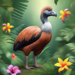 A detailed and realistic illustration of a dodo bird standing in a lush, tropical forest