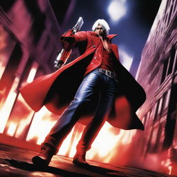 A detailed and dynamic image of Dante from Devil May Cry 3, showcasing his iconic red trench coat, silver hair, and dual pistols