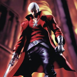 A detailed and dynamic image of Dante from Devil May Cry 3, showcasing his iconic red trench coat, silver hair, and dual pistols