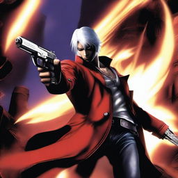 A detailed and dynamic image of Dante from Devil May Cry 3, showcasing his iconic red trench coat, silver hair, and dual pistols