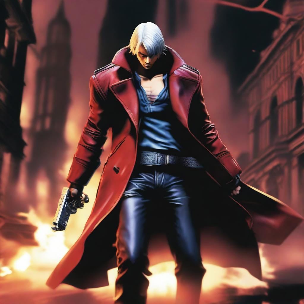 A detailed and dynamic image of Dante from Devil May Cry 3, showcasing his iconic red trench coat, silver hair, and dual pistols