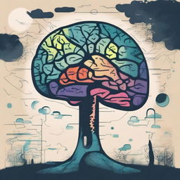 Create an image depicting a survival mode theme focused on mental health with the brain as the central element