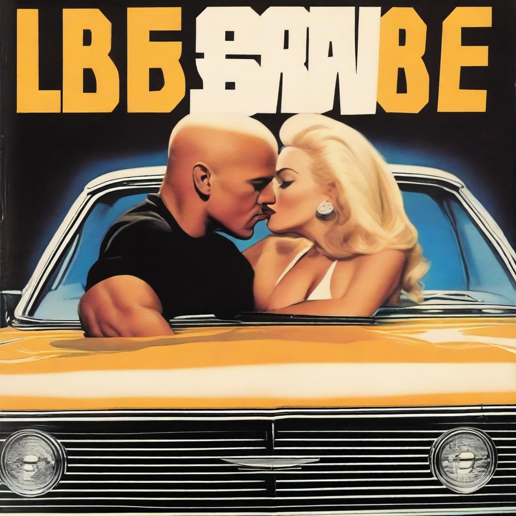 A book cover featuring a strong bald man kissing a blonde girl