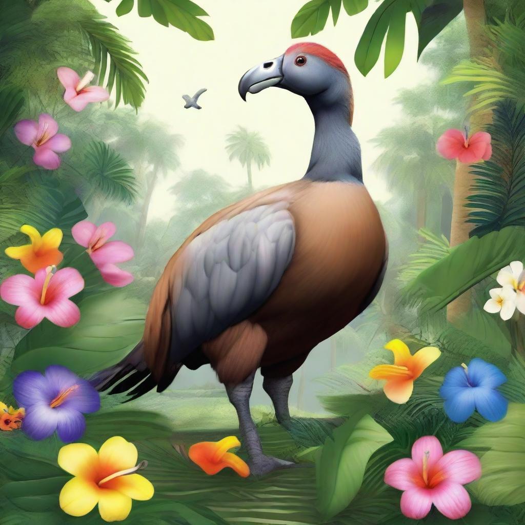 A detailed and lifelike illustration of a dodo bird standing in a lush tropical forest