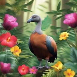 A detailed and lifelike illustration of a dodo bird standing in a lush tropical forest