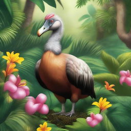 A detailed and lifelike illustration of a dodo bird standing in a lush tropical forest