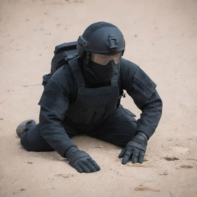 A vigilant military soldier in full-body black tactical gear, laying flat on the ground stealthily.