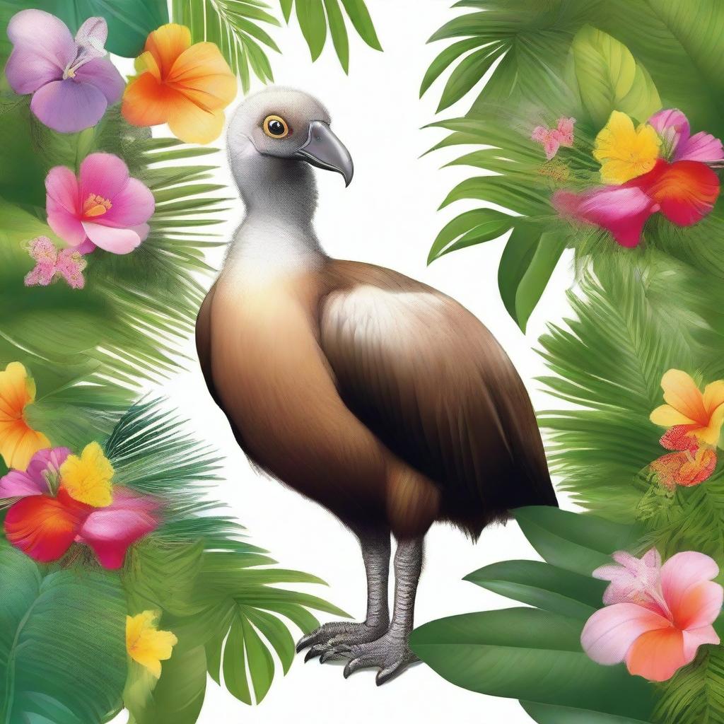 A detailed and lifelike illustration of a dodo bird standing in a lush tropical forest