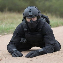 A vigilant military soldier in full-body black tactical gear, laying flat on the ground stealthily.