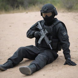 A vigilant military soldier in full-body black tactical gear, laying flat on the ground stealthily.