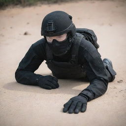 A vigilant military soldier in full-body black tactical gear, laying flat on the ground stealthily.