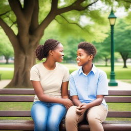 A heartwarming scene of a mother and son sitting together on a park bench