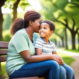 A heartwarming scene of a mother and son sitting together on a park bench