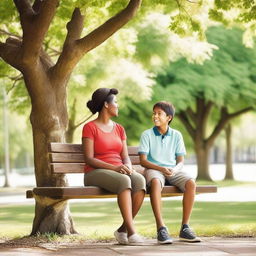 A heartwarming scene of a mother and son sitting together on a park bench