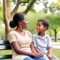 A heartwarming scene of a mother and son sitting together on a park bench