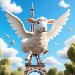 A mythical sheep with feathered wings gracefully flying above the iconic Parisian Eiffel Tower