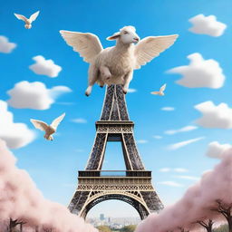 A mythical sheep with feathered wings gracefully flying above the iconic Parisian Eiffel Tower