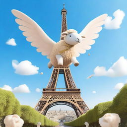 A mythical sheep with feathered wings gracefully flying above the iconic Parisian Eiffel Tower