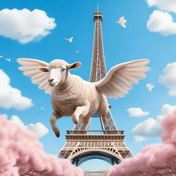 A mythical sheep with feathered wings gracefully flying above the iconic Parisian Eiffel Tower