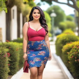 A slim, curvy Latina woman wearing a stylish skirt