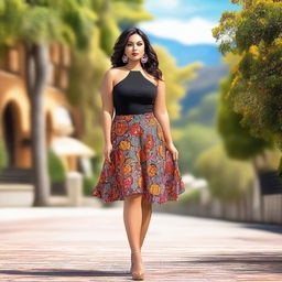 A slim, curvy Latina woman wearing a stylish skirt