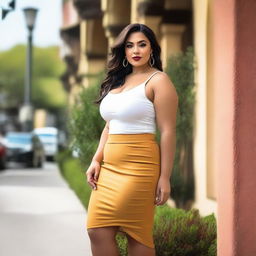 A slim, curvy Latina woman wearing a stylish skirt