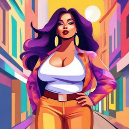 A digital illustration of a curvy, slim Latina woman