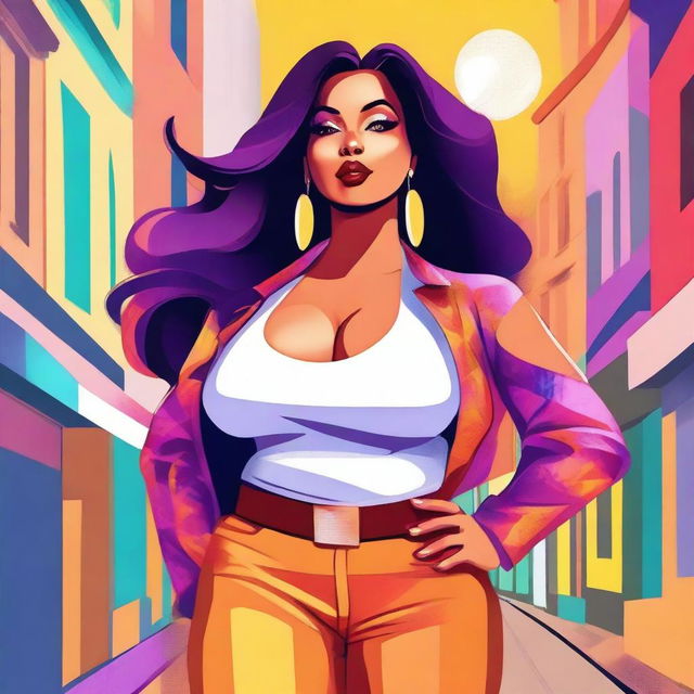 A digital illustration of a curvy, slim Latina woman