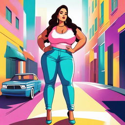 A digital illustration of a curvy, slim Latina woman