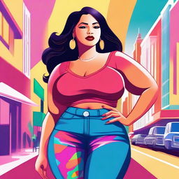 A digital illustration of a curvy, slim Latina woman