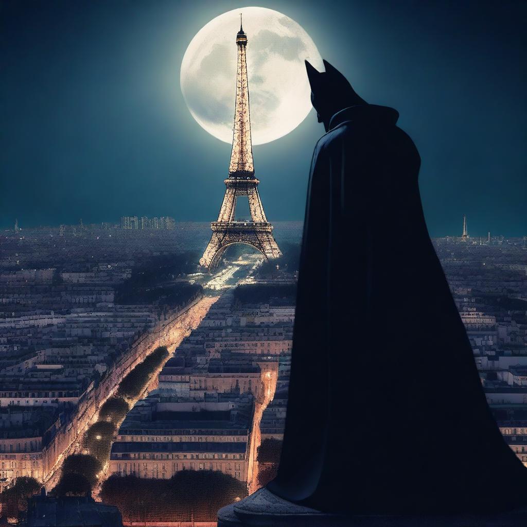 A vampire standing at the top of the Eiffel Tower at night