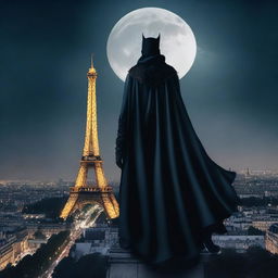 A vampire standing at the top of the Eiffel Tower at night