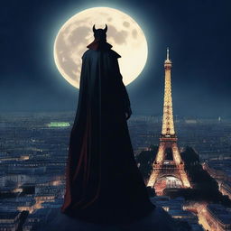 A vampire standing at the top of the Eiffel Tower at night