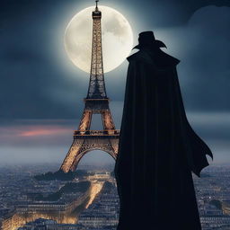 A vampire standing at the top of the Eiffel Tower at night