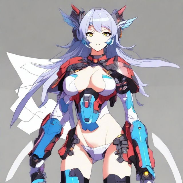 Create an image of an anime girl wearing a mecha-themed costume that resembles a bikini or underwear