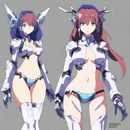 Create an image of an anime girl wearing a mecha-themed costume that resembles a bikini or underwear