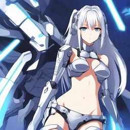 A striking anime girl with flowing silver hair, dressed in a futuristic mecha-bikini costume