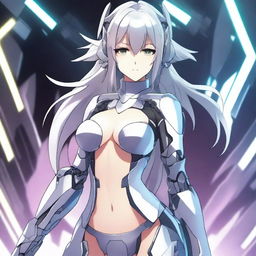 A striking anime girl with flowing silver hair, dressed in a futuristic mecha-bikini costume