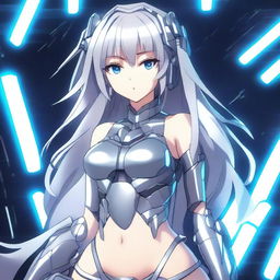 A striking anime girl with flowing silver hair, dressed in a futuristic mecha-bikini costume