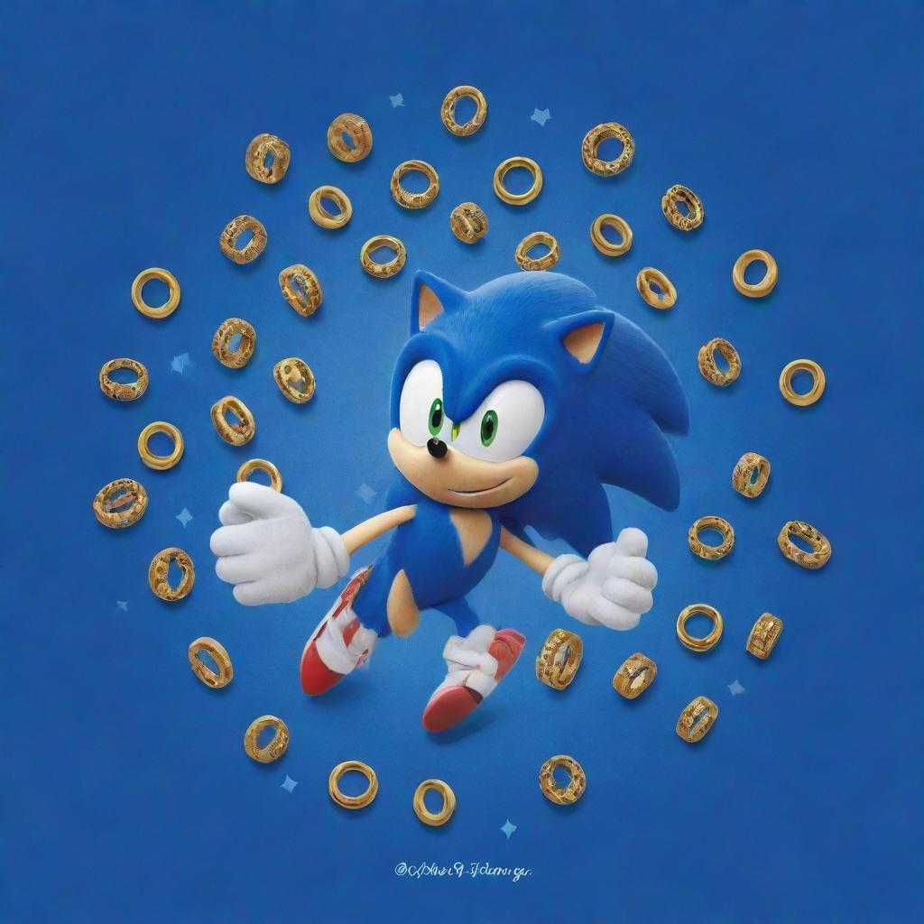 Sonic the Hedgehog dashing through a spiraling flurry of 100 small golden rings, adorned with the words 'I Ran Through 100 Days of School' designed in autism print.