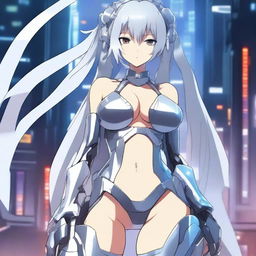 A striking anime girl with flowing silver hair, dressed in a futuristic mecha-bikini costume