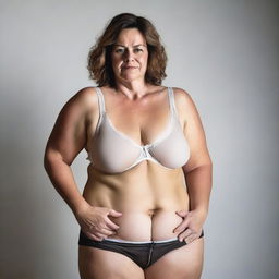 A 45-year-old woman who is slightly overweight, wearing underwear, looking at the viewer seductively