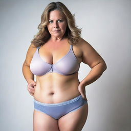 A 45-year-old woman who is slightly overweight, wearing underwear, looking at the viewer seductively