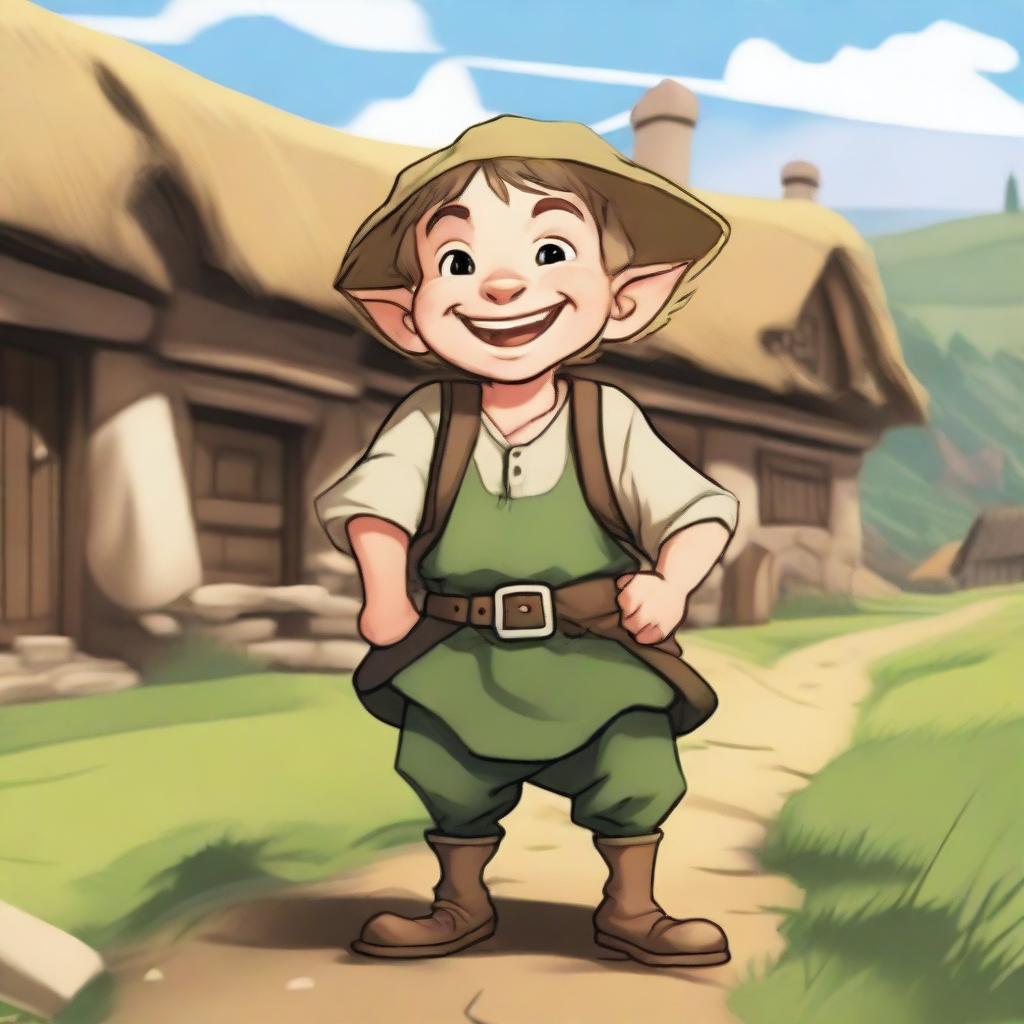 A cheerful halfling peasant with a big smile on their face, dressed in simple, rustic clothing