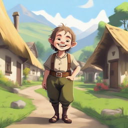 A cheerful halfling peasant with a big smile on their face, dressed in simple, rustic clothing