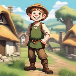 A cheerful halfling peasant with a big smile on their face, dressed in simple, rustic clothing