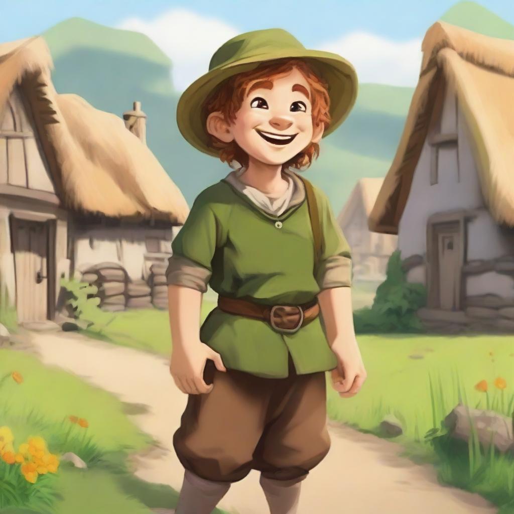 A cheerful halfling peasant with a big smile on their face, dressed in simple, rustic clothing